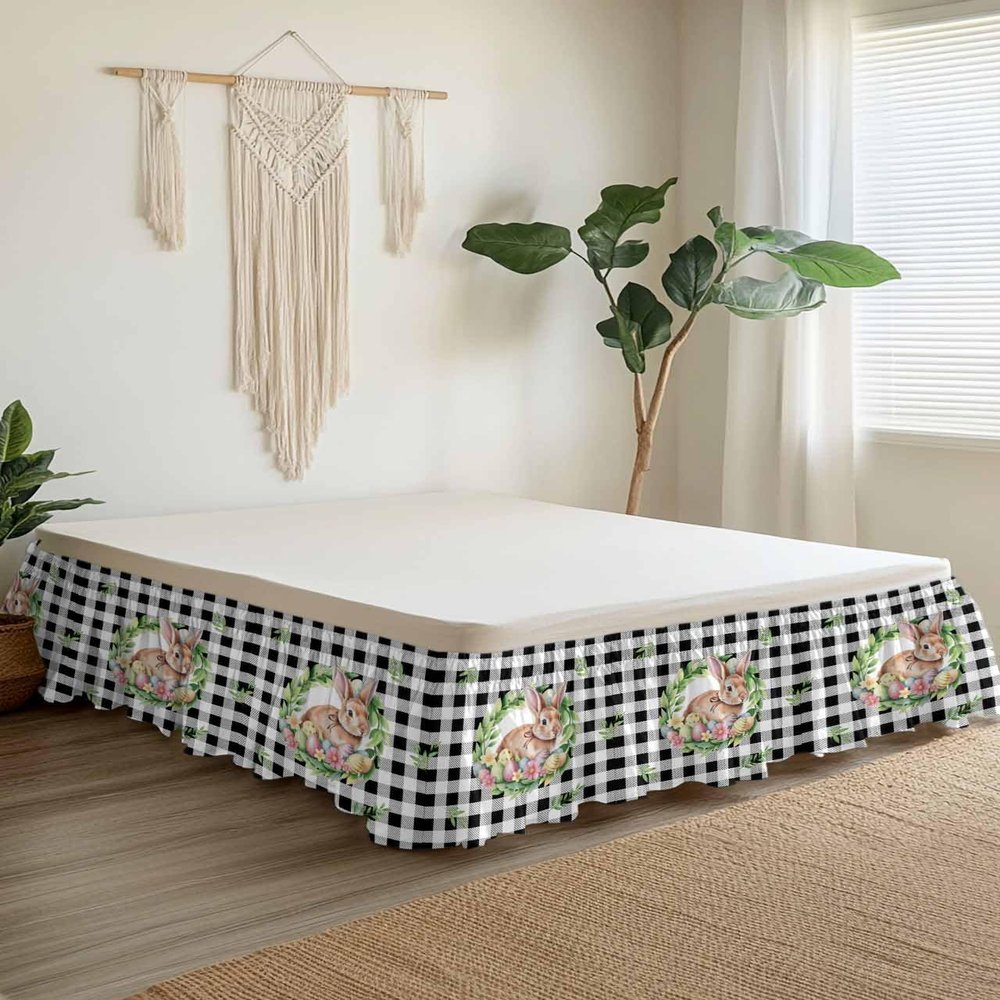 Easter Bunny Bed Skirt Cal King Size 18 Inch Drop,Adjustable & Elastic Wrap Around Bed Skirts Pleated Luxury Dust Ruffles for Twin Full Queen Cal King Bed,Black Buffalo Plaid Check Spring Egg Plant