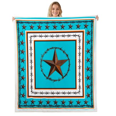 Homewish Western Texas Star Kids Throw Blanket,Cowboy Rustic Farmhouse Tribal Bed Blanket for Boys Girls Adults,Geometric Plaids Fleece Blanket,Blue Brown Fuzzy Blanket,Queen Size (90 x 90 Inches)