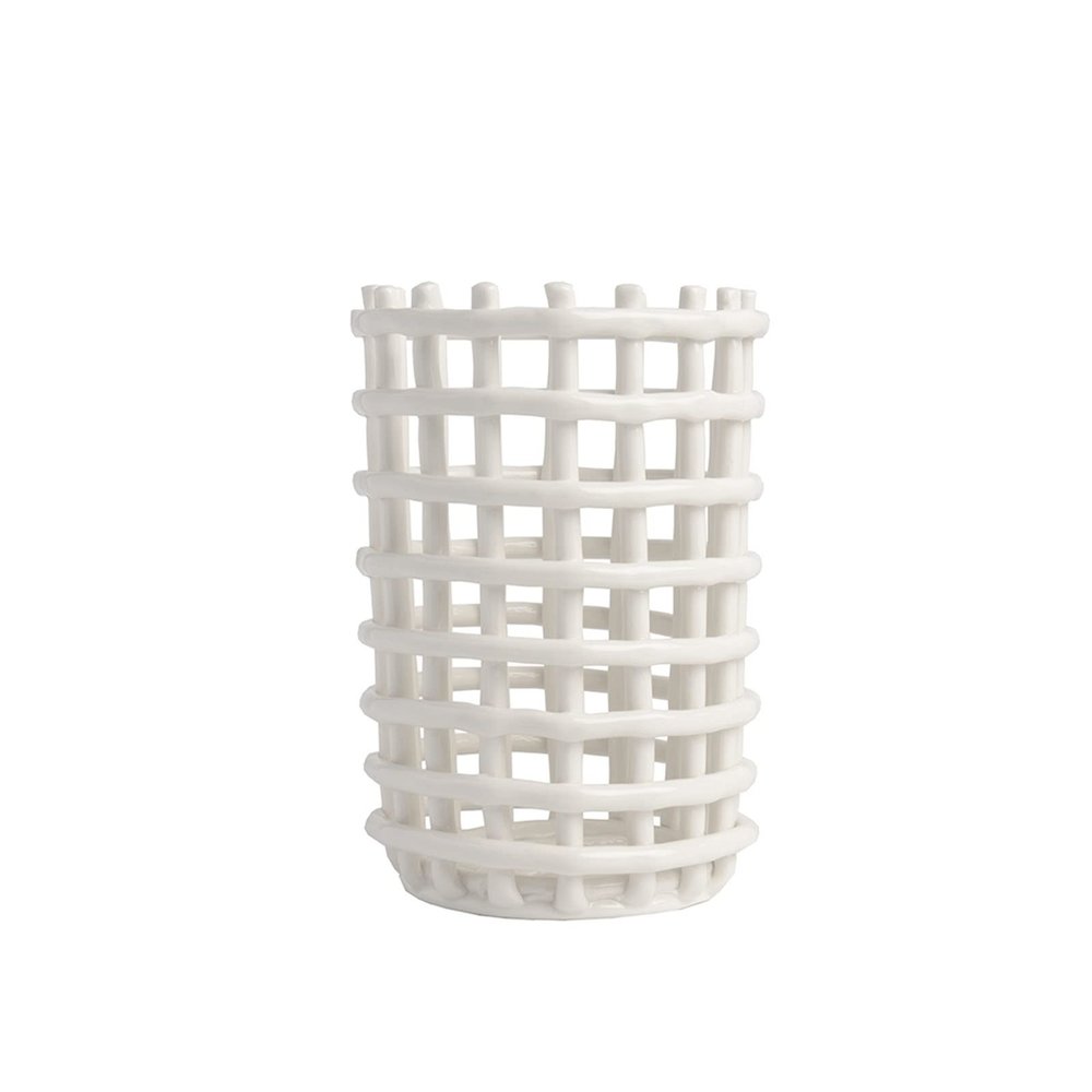 Mlaea Hand-Woven Ceramic Flower Baskets, White Hollow Dried Flower Vase, Delicate Tulip Vase, Nordic Style, Durable, Tall 17.5cm/20cm(Size:15.8 * 20cm)