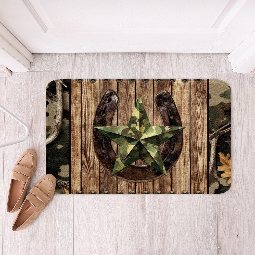 Western Texas Star Kids Bath Mats,Cowboy Horseshoe Rustic Farmhouse Mats Rugs,Boys Girls Adults Home Decor,Wooden Plank Retro Bath Carpets,Brown Camo Bath Rugs,Absorbent Floor Mats,16Wx24L Inches