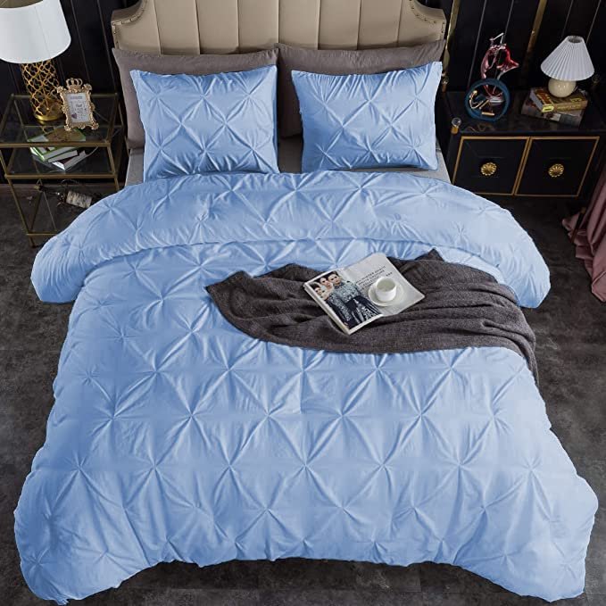Beautiful Pinch Pleated Comforter, 800 Thread Count 100% Egyptian Cotton 3-Piece Pintuck Comforter Set Oversized Queen Size, Light Blue Pinch