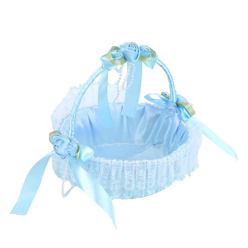 Flower Girl Baskets for Weddings, Portable Wedding Lace Flower Basket Candy Container for Party Ceremony Supplies Decoration(Blue)