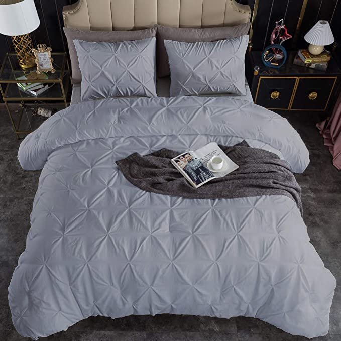 Beautiful Pinch Pleated Comforter, 800 Thread Count 100% Egyptian Cotton 3-Piece Pintuck Comforter Set Oversized Queen Size, Silver Pinch