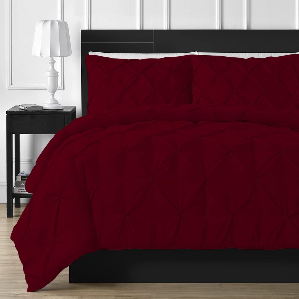 PUZMUG 3 Piece Pinch Pleated Comforter Set Full/Queen Size 90" x 90" Inches 100% Egyptian Cotton 1000 Thread Count Comforterwith 400 GSM - Burgundy Solid