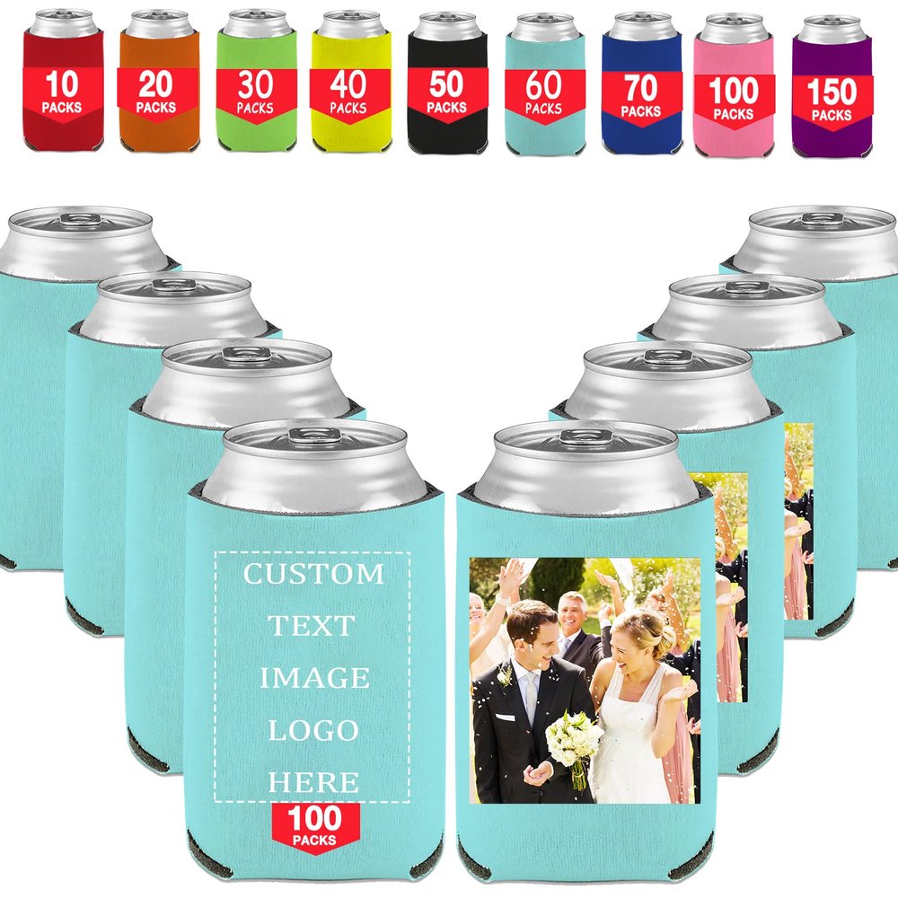100 Pcs Custom Beer Can Cooler Sleeves Bulk Personalized Insulated Beverage Cans Holder Cover with Logo Photo Text for Wedding Birthday Party