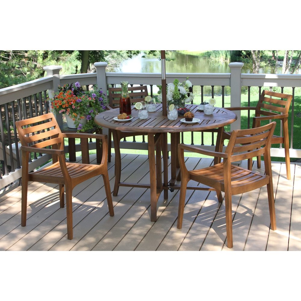 5 Pc. Eucalyptus Folding Dining Table and Stacking Chairs Brown Classic Mission Craftsman Stained Handmade