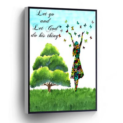PUCHYUCT Butterfly Green Tree Canvas Wall Art Let Go And Let God Do His Thing Poster Religious Home Decor Stretched And Framed Ready To Hang For Living Room,Bedroom,Classroom Etc (16" X 24")