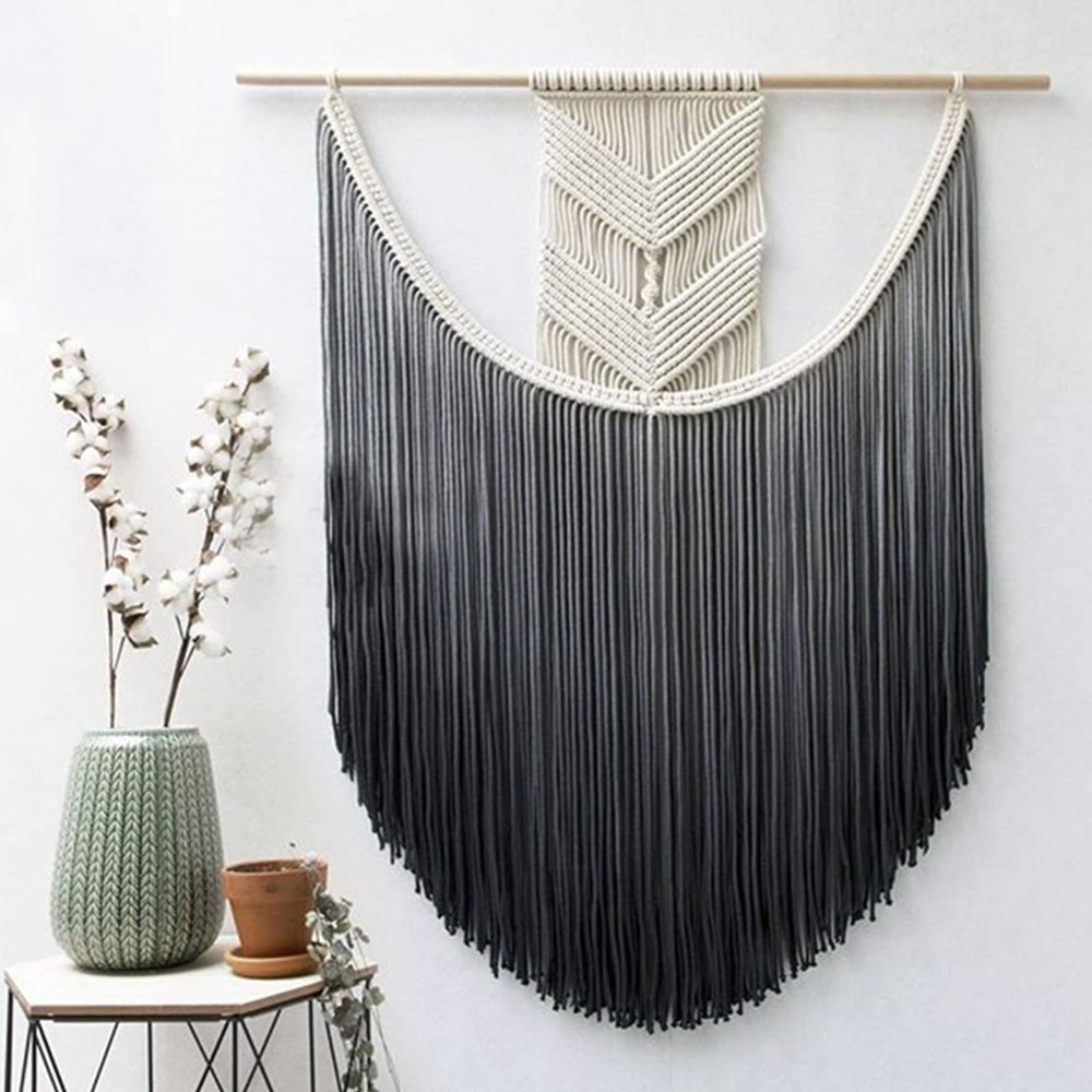 QQXX Macrame Boho Wall Hanging Decor,Handmade Woven Cotton Chic Tapestry with Long Tassel,Large Craft Wall Decor for Dorm Home Bedroom Apartment Room Decoration(35x65cm(13.8x25.6in), Gray)