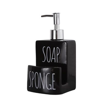 Ceramic Soap Dispenser with Sponge Holder - 2-in-1 Countertop Soap Pump Dispenser for Sink, Useful Kitchen Gadget - Black