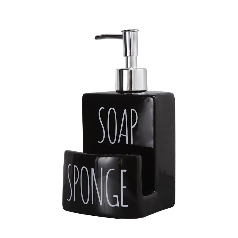 Ceramic Soap Dispenser with Sponge Holder - 2-in-1 Countertop Soap Pump Dispenser for Sink, Useful Kitchen Gadget - Black