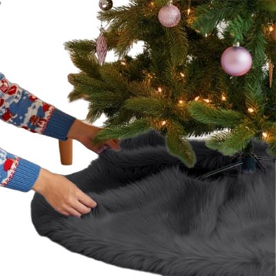 FabricLA Dark Grey Faux Fur Tree Skirt Cut - 48-Inches with Rounded Edges (No Backing) for Christmas