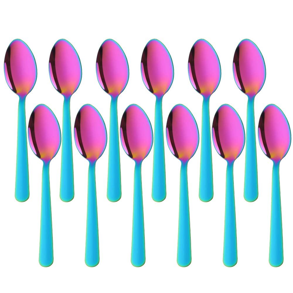 TUPMFG 12 Pieces Tea Spoons Set, 5.9 Inches Stainless Steel Teaspoons, Dessert Spoons, Durable Small Spoons, Ice Cream Spoon Tableware Set for Restaurant/Catering- Rainbow