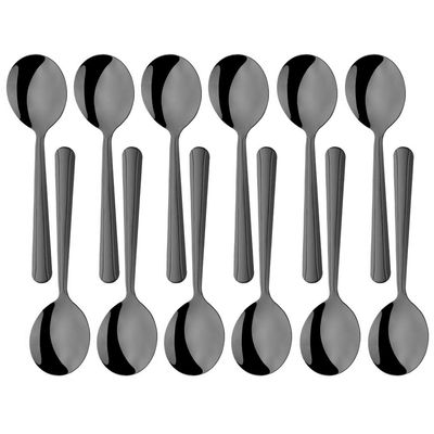 TUPMFG Bouillon Spoons Set of 12, 5.9 Inch Stainless Steel Soup Spoon, Metal Round Spoon with Clean Lines Handle Service for Sugar Dessert Cake Ice Cream, Dishwasher Safe- Black