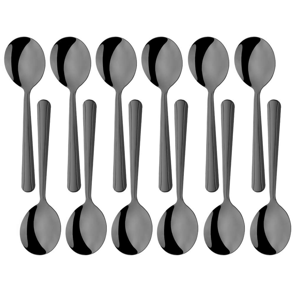 TUPMFG Bouillon Spoons Set of 12, 5.9 Inch Stainless Steel Soup Spoon, Metal Round Spoon with Clean Lines Handle Service for Sugar Dessert Cake Ice Cream, Dishwasher Safe- Black