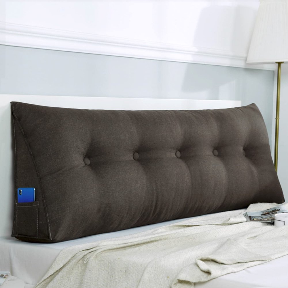 ZZYK Linen Wedge Headboard Pillow,Large Bolster Triangular Headboard Reading Pillow,Solid Color Positioning Bed Rest Cushion Daybed Backrest with Removable Cover,Coffee,35.4"/90cm