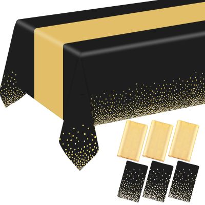 ZHOMA 6 Pack Rectangle Plastic Dot Tablecloth Set, 54 X 108 Inch Plastic Table Cover, 12 x 108 Inch Satin Table Runners for Wedding Graduation Birthday New Year Party Decorations (Black, Gold)
