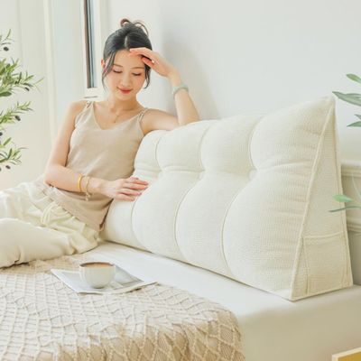 ZZYK Large Reading Wedge Pillow,Velvet Headboard Cushion Triangular Backrest,Solid Color Bed Rest Bolster Daybed Bunk Bed Dorm Cushion with Removable Cover,Beige,Twin(39.3"/100cm)