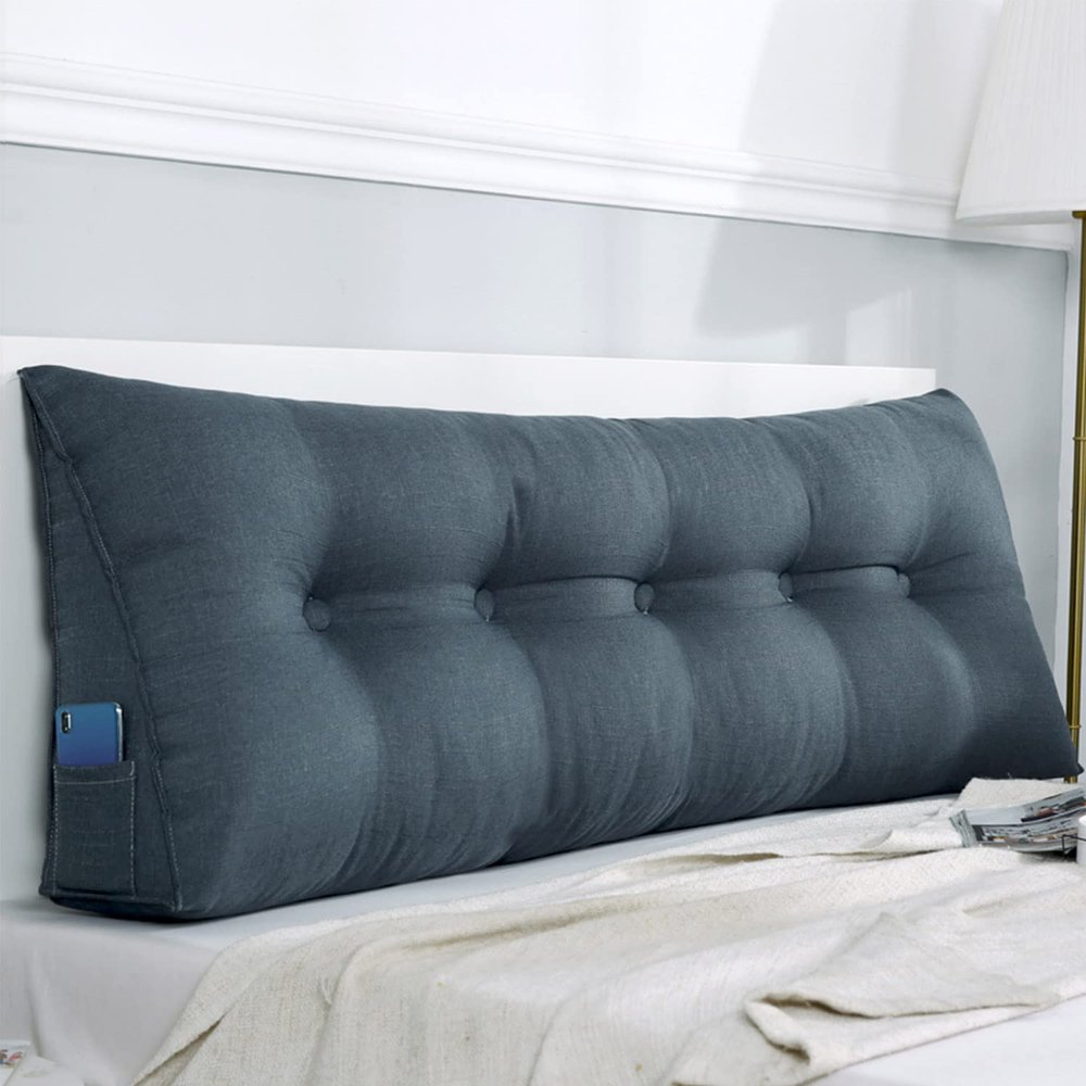 ZZYK Linen Wedge Headboard Pillow,Large Bolster Triangular Headboard Reading Pillow,Solid Color Positioning Bed Rest Cushion Daybed Backrest with Removable Cover,Blue1,39.3"/100cm(Twin)