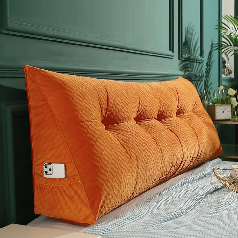 ZZYK Triangular Headboard Pillow,Solid Color Triangle Cushion Reading Pillow,Large Bolster Wedge Pillow Daybed Home Dorm Backrest with Removable Velvet Cover,Orange,31.5"/80cm