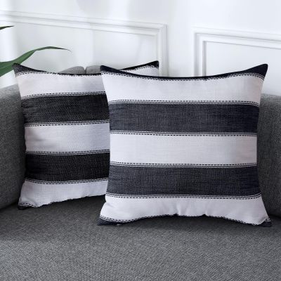 AmHoo Pack of 2 Farmhouse Stripe Check Throw Pillow Covers Set Case Cotton Linen Decorative Pillowcases Cushion Cover for Couch Bench Sofa 18x18Inch Black