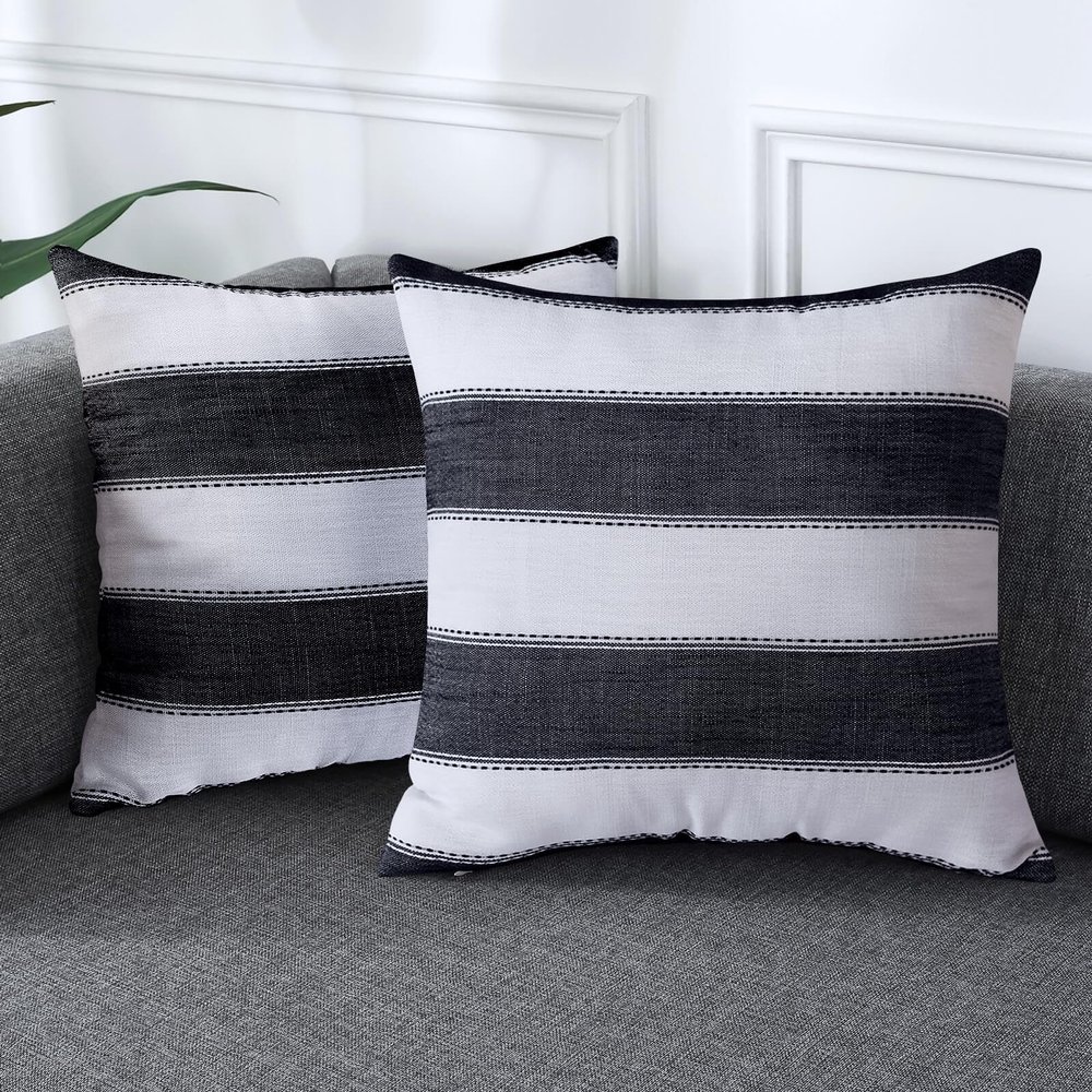 AmHoo Pack of 2 Farmhouse Stripe Check Throw Pillow Covers Set Case Cotton Linen Decorative Pillowcases Cushion Cover for Couch Bench Sofa 18x18Inch Black