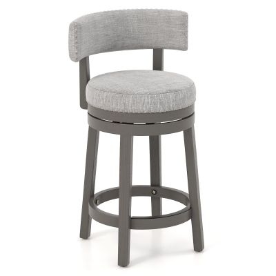 COSTWAY Bar Stool, 27-inch 360 Swivel Barstool with Upholstered Back & Seat, Solid Rubber Wood Legs & Footrest, Farmhouse Counter Height Chair for Home, Bar, Cafe, Grey (1, Seat Height 27)