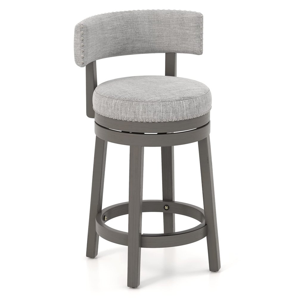 COSTWAY Bar Stool, 27-inch 360 Swivel Barstool with Upholstered Back & Seat, Solid Rubber Wood Legs & Footrest, Farmhouse Counter Height Chair for Home, Bar, Cafe, Grey (1, Seat Height 27)