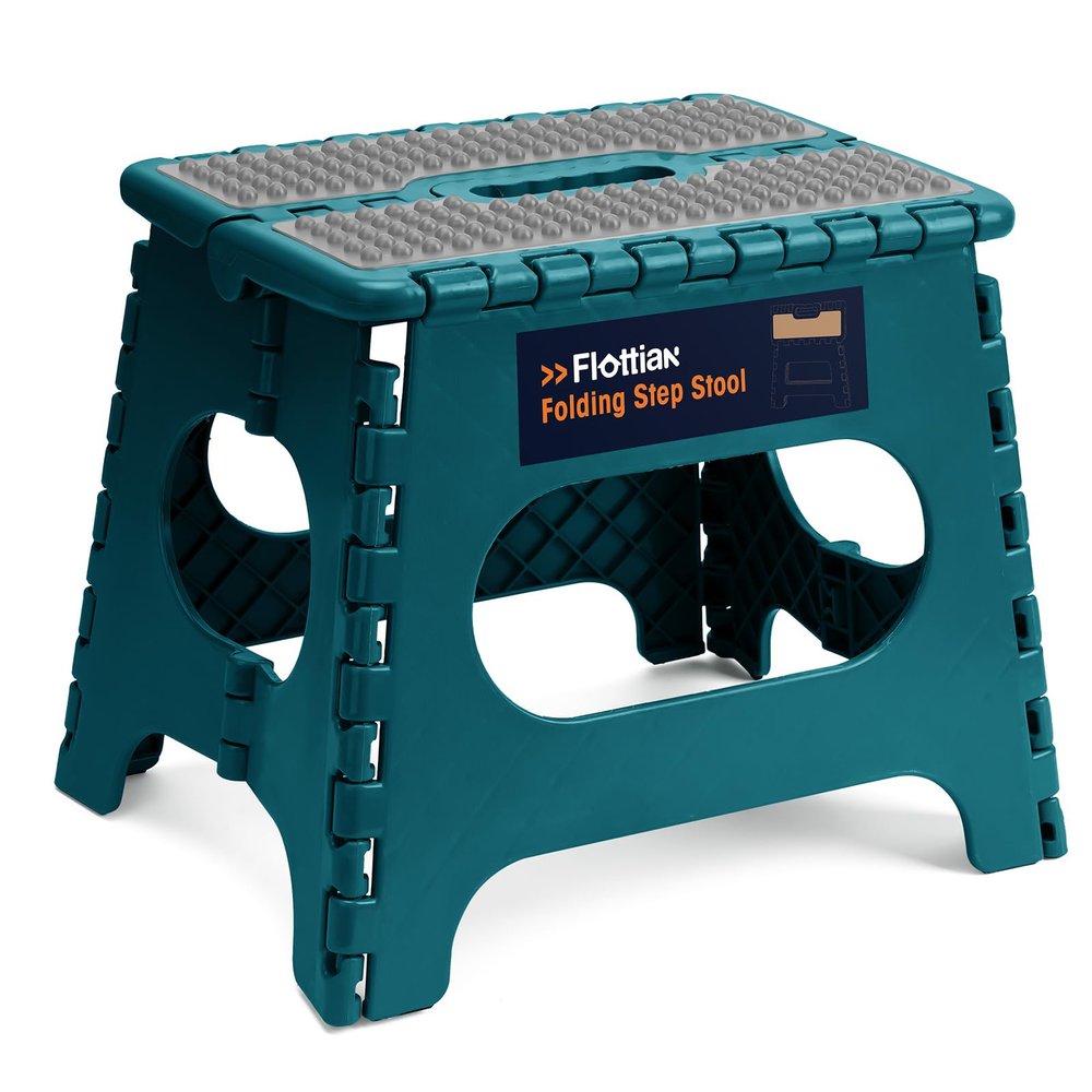 Flottian 11" Folding Step Stool for Adults and Kids Holds Up to 300 lbs,Non-Slip Folding Stools with Portable Handle, Compact Plastic Foldable Step Stool for Bedroom, Kitchen Turquoise Green,1PC