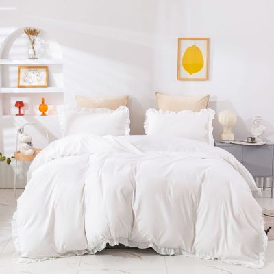 Forxiexie White Lace Comforter Set Queen Size Solid Color Ruffle Bedding Comforter Women Girls Lace-Trimmed White Blanket Shabby Chic Embroidered Quilts Vintage Rustic Bed Boho White Comforter