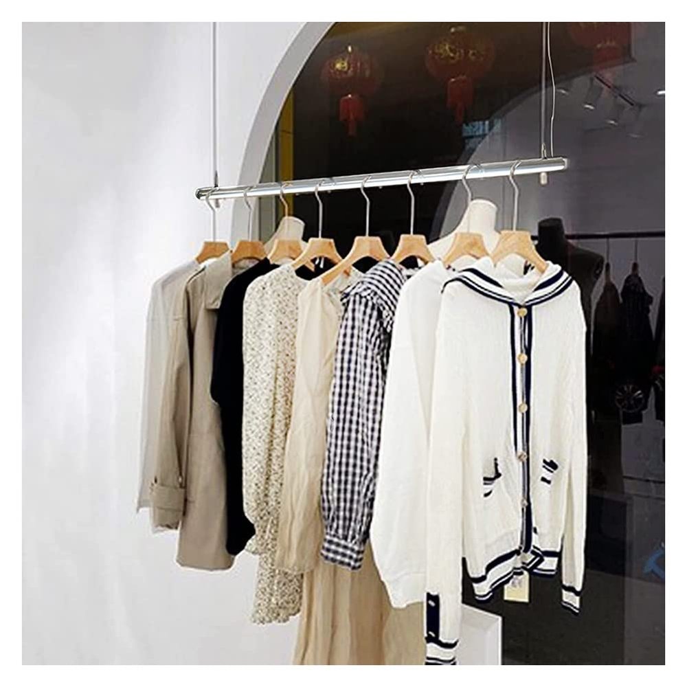 Clothing Hanging Racks with LED Light - Retail Clothing Display Rack Hanging Clothes Rod - Ceiling Mount Clothes Storage Hanger - Height Adjustable (Color : Silver, Size : 39"/1m)