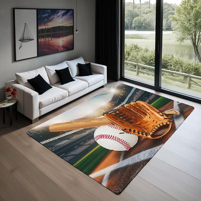 Baseball Area Rug 4x5, Ball Competition Rug for Kids Boys Girls, Baseball Bat Gloves Print Non Slip Carpet for Bedroom, Ball Sports Games Playground Bedside Carpet, Spots Field Non Shedding Throw Rug