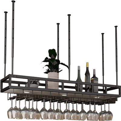 Ceiling Bar Wine Glass Rack Hanging Industrial Wine Glass Rack, Height Adjustable Ceiling Wine Rack with Guardrail, Rustic Storage Rack Wood Shelves for Kitchen Bar Restaurant ( Size : 60*30cm )