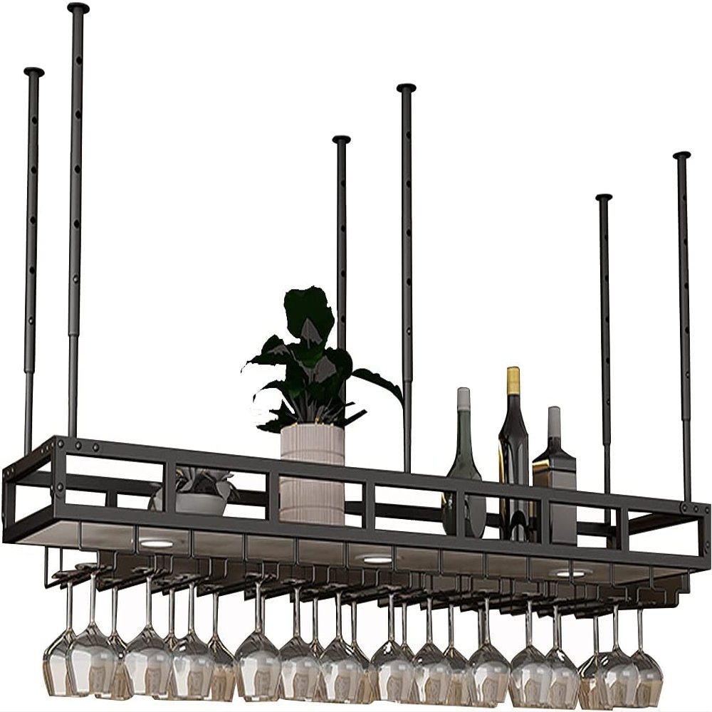 Ceiling Bar Wine Glass Rack Hanging Industrial Wine Glass Rack, Height Adjustable Ceiling Wine Rack with Guardrail, Rustic Storage Rack Wood Shelves for Kitchen Bar Restaurant ( Size : 60*30cm )