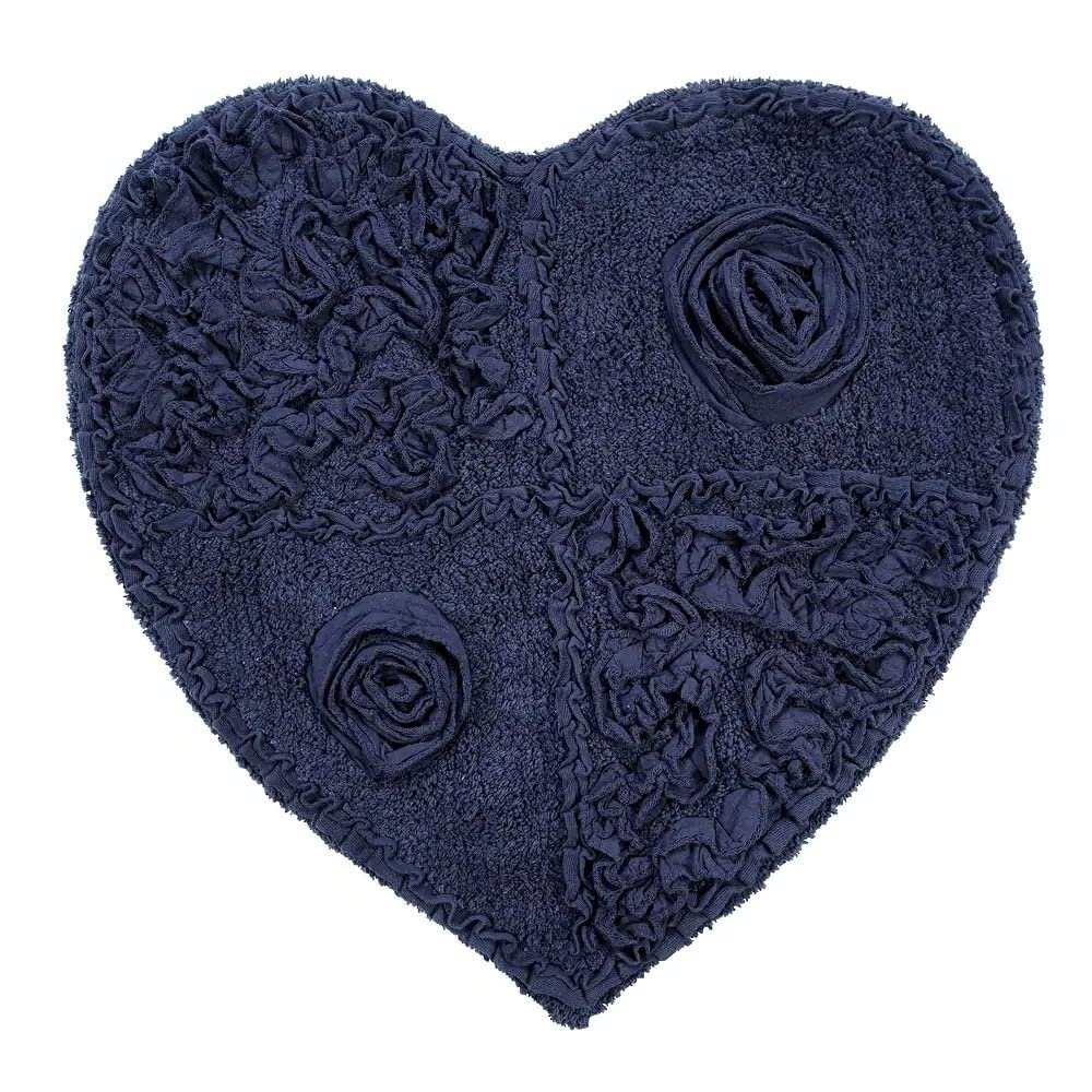 Stunning Hand Tufted Navy Blue Shower Rugs for Bathroom with Pretty Rose Designs On Bold Color Background | Non Slip Backing Quick Water Absorbent Soft Warm Cozy Underfoot Feel Guest Bathroom Rug