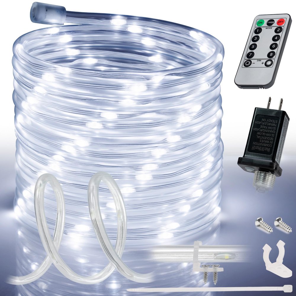 WYZworks 25ft Cool White LED Outside Rope Light - 8 Modes, Waterproof Permanent Outdoor Accent Lighting w/Remote, Flexible Clear Tube, ETL Certified, Exterior Christmas Patio Palm Tree Yard Ambient