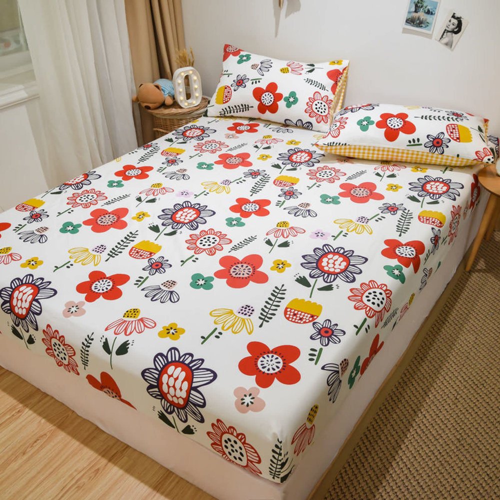 FCLDESHOP Easy to Change, Fold & Wash Sheet,Comfortable Skin-Friendly Cotton Checkered Mattress Topper, Girls Bedroom Printed Non-Slip Bed Cover Pillowcase,Garden,180 * 200cm (1pcs)