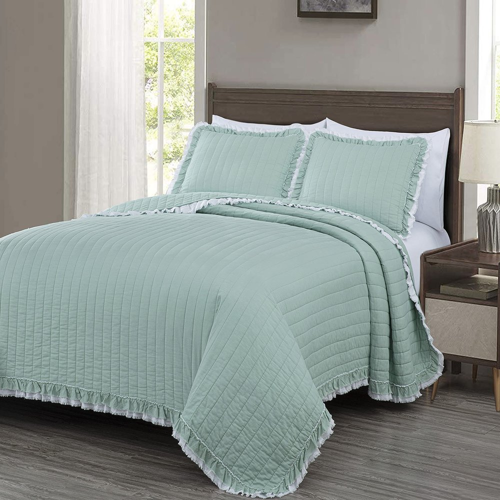 Chezmoi Collection Bonnie 3-Piece 100% Cotton Quilt Set Queen Size, Aqua - Double Frayed Ruffled Edge Lightweight Pre-Washed Soft-Finished Cotton Bedspread for All Season