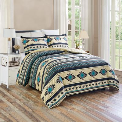 Chezmoi Collection 3-Piece Southwestern Geometric Tribal Multicolor Teal Beige Black Gray Comforter Set, Full Size