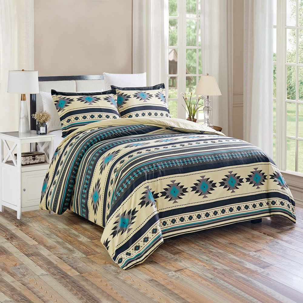 Chezmoi Collection 3-Piece Southwestern Geometric Tribal Multicolor Teal Beige Black Gray Comforter Set, Full Size