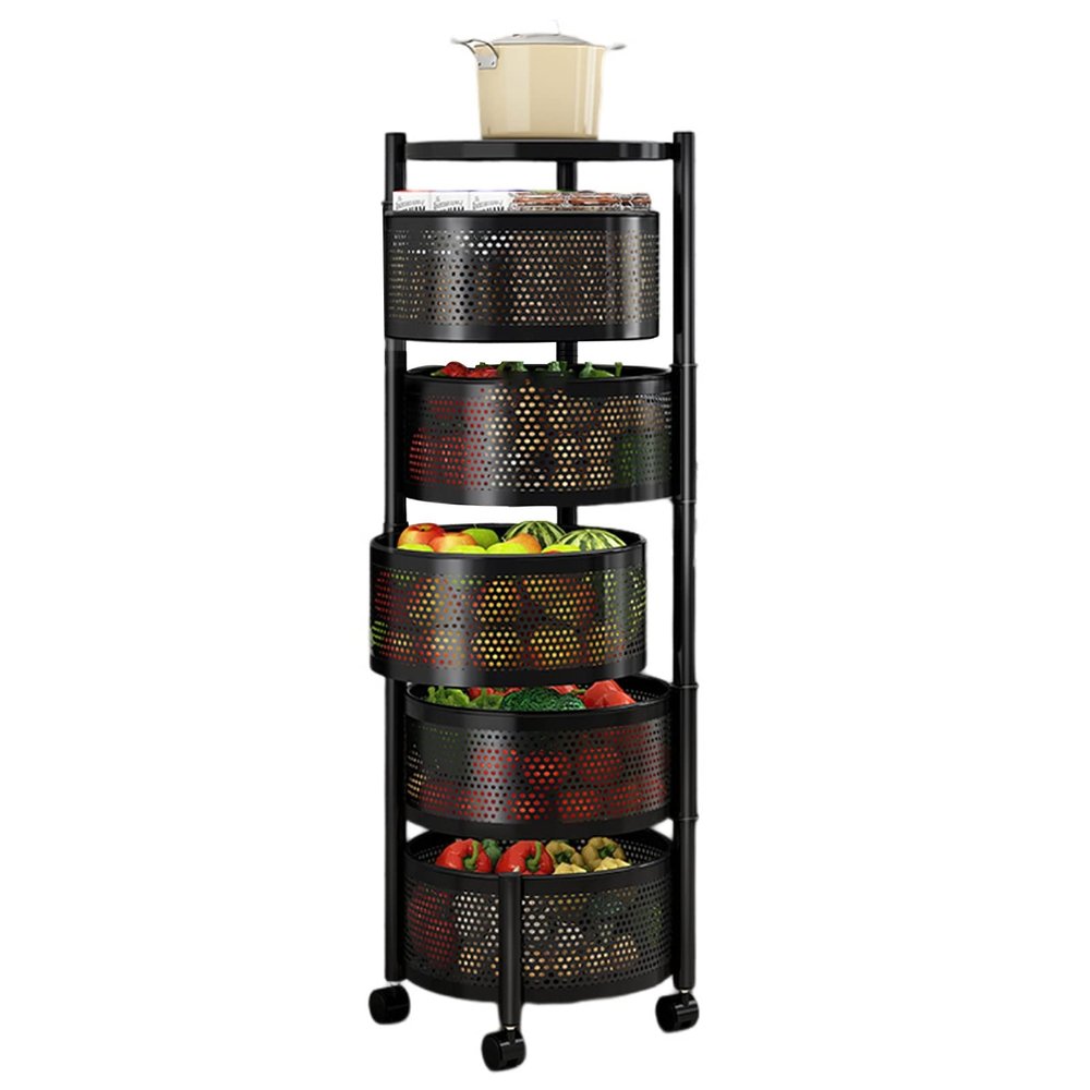 Fruit Vegetable Storage Basket, 60x34cm, 3-Tier Acrylic Slim Slide Out Storage Rolling Cart, Black, Spinning, with Brake On Casters, for Storing Organizing Fruit Vegetables Eggs Snacks Breads