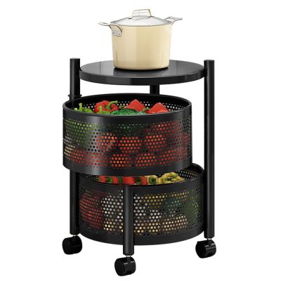 Fruit Vegetable Storage Basket, 60x34cm, 3-Tier Acrylic Slim Slide Out Storage Rolling Cart, Black, Spinning, with Brake On Casters, for Storing Organizing Fruit Vegetables Eggs Snacks Breads
