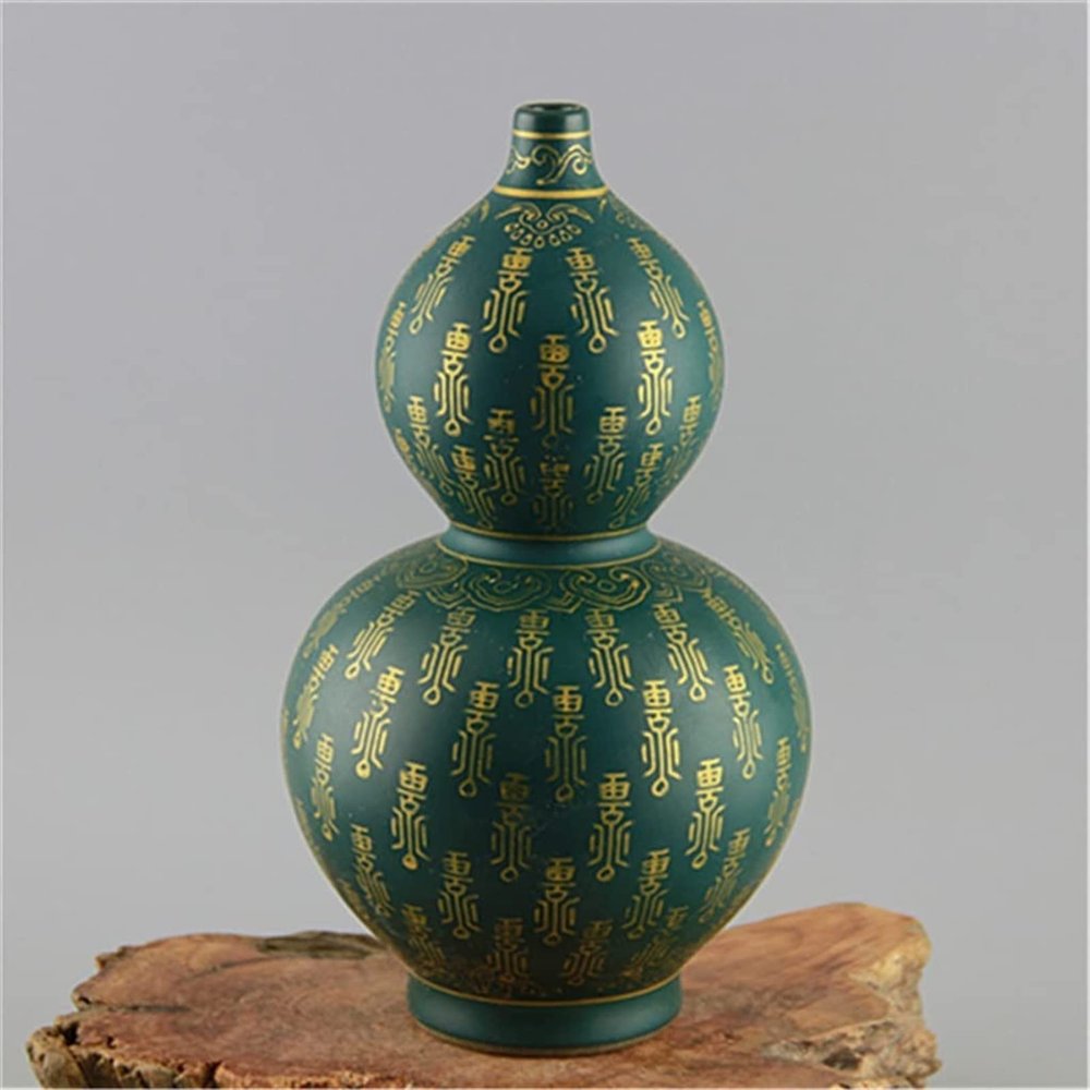 TATSEN Jingdezhen Antique Enamel Vase Green Glaze Gold Longevity Gourd Vase Old Antique Porcelain Antique Ornaments