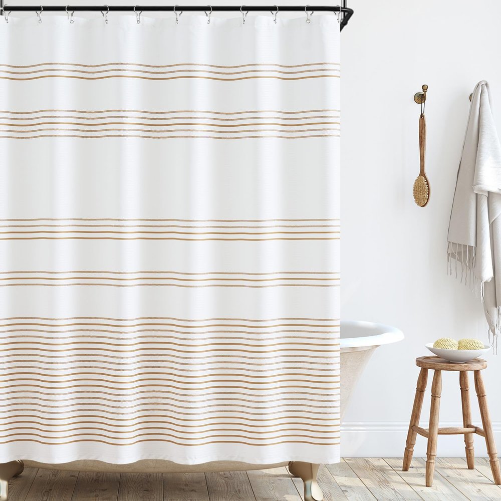 jinchan Taupe and White Shower Curtain for Bathroom Modern Farmhouse Striped Waterproof Fabric Shower Curtain Set with 12 Hooks Machine Washable 70x72 Inches