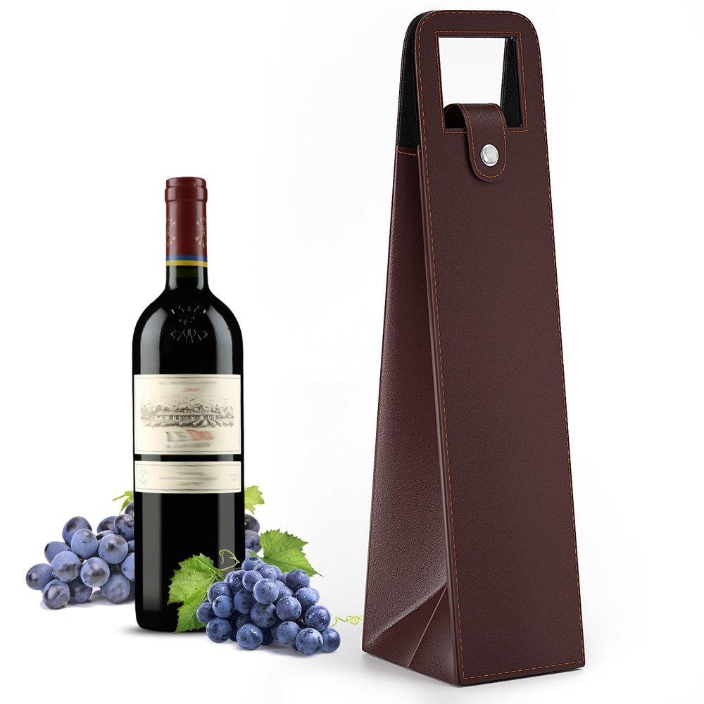 RYDDOY Brown Wine Gift Bag, Leather Wine Tote, Single Bottle Wine Carrier