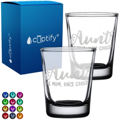 Aunt Like Mom 2oz Black Bottom Shot Glasses Set of 2 Etched Party Favors Cool Birthday Gifts for Auntie, Her, Sister, Women