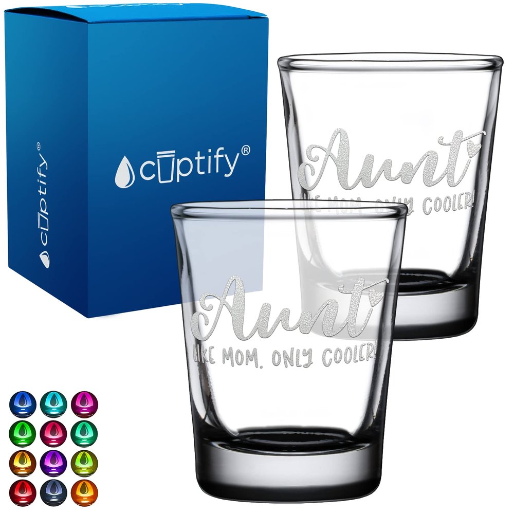 Aunt Like Mom 2oz Black Bottom Shot Glasses Set of 2 Etched Party Favors Cool Birthday Gifts for Auntie, Her, Sister, Women