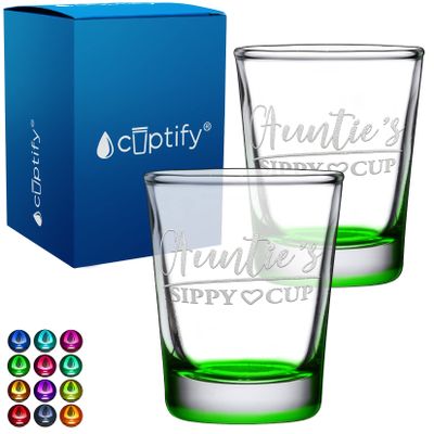 Aunt Gift Idea Auntie's Sippy Cup 2oz Green Bottom Shot Glasses Set of 2 Etched Party Favors Cool Birthday Gifts for Auntie, Her, Sister, Women