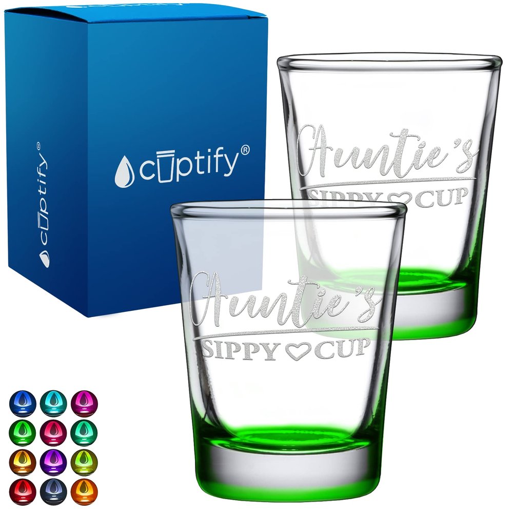 Aunt Gift Idea Auntie's Sippy Cup 2oz Green Bottom Shot Glasses Set of 2 Etched Party Favors Cool Birthday Gifts for Auntie, Her, Sister, Women