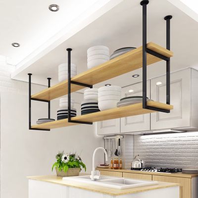 SXBHDM Kitchen Ceiling Hanging Shelves, Rustic 2 Layer Ceiling Mount Storage Rack with Solid Wood Boards, Shelving Unit for Kitchen Bar Bar Indoor Balcony (Size : 100x30x80cm)