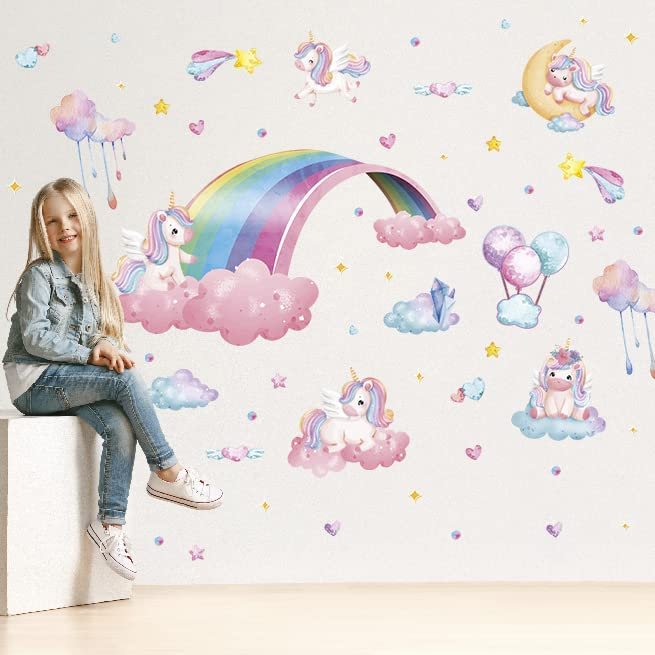 AdesiivoStudio - Rainbow Unicorn Wall Decals: Peel & Stick for Kids' Bedrooms & Playrooms, Living Room Wall Stickers - [M]